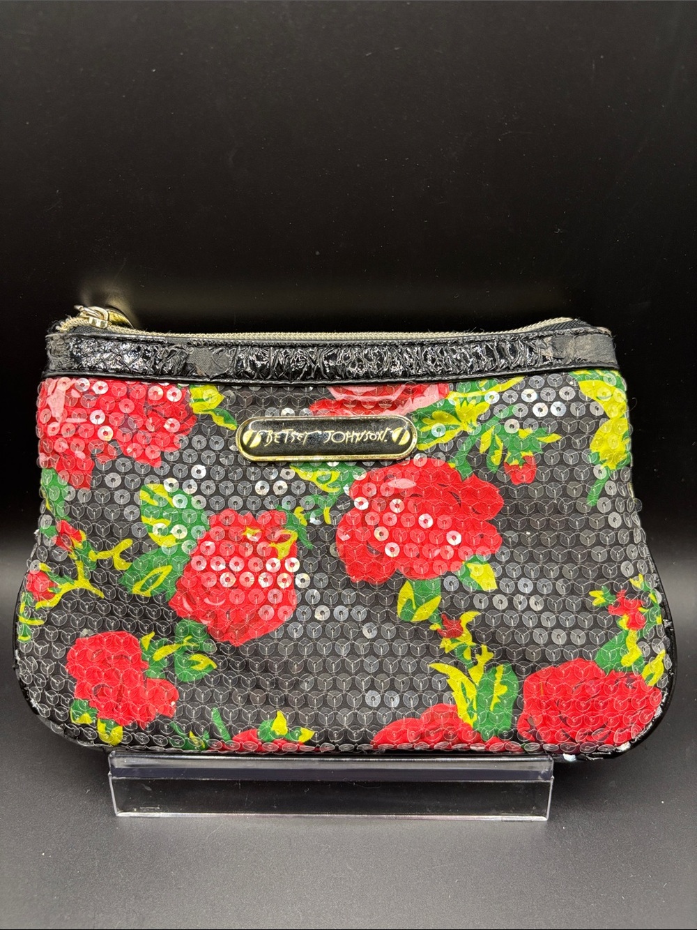 Betsey Johnson Black Sequin Red Floral Zip Wristlet